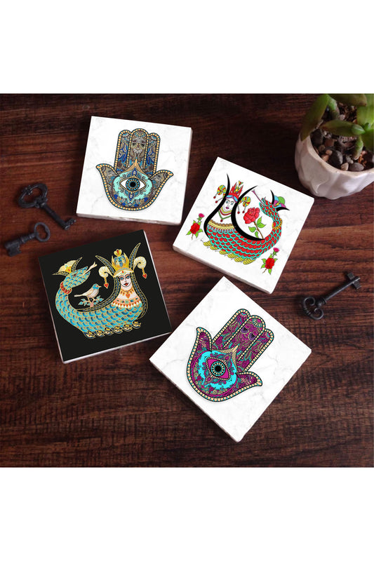 Pinecone Şahmeran, Fatma Ana Eli (Hamsa) Taş Bardak Altlığı Seti - 4 Parça - Dekoratif, Rustik Mutfak Aksesuarı, 10x10 cm, Kaydırmaz Tabanlı, Şık ve Dayanıklı SC226