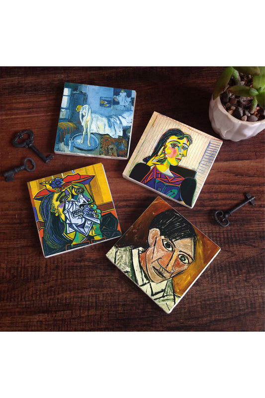 Pinecone Picasso Ağlayan Kadın, Dora Maar’ın Portresi, Otoportre, Mavi Oda Taş Bardak Altlığı Seti - 4 Parça - Dekoratif, Rustik Mutfak Aksesuarı, 10x10 cm, Kaydırmaz Tabanlı, Şık ve Dayanıklı SC227