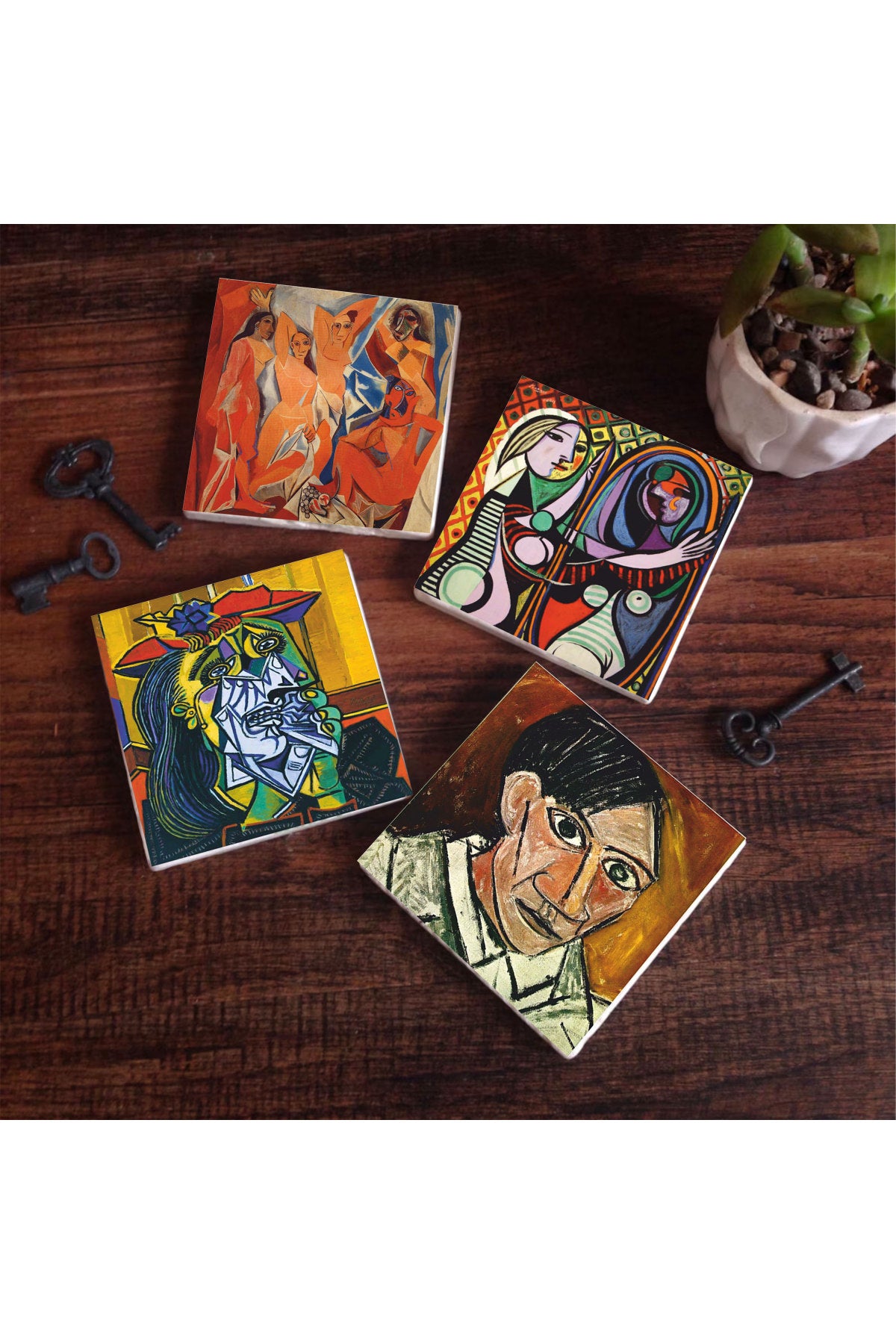 Pinecone Picasso Ağlayan Kadın, Avignonlu Kızlar, Ayna Karşısındaki Kız, Otoportre Taş Bardak Altlığı Seti - 4 Parça - Dekoratif, Rustik Mutfak Aksesuarı, 10x10 cm, Kaydırmaz TabanlıSC228