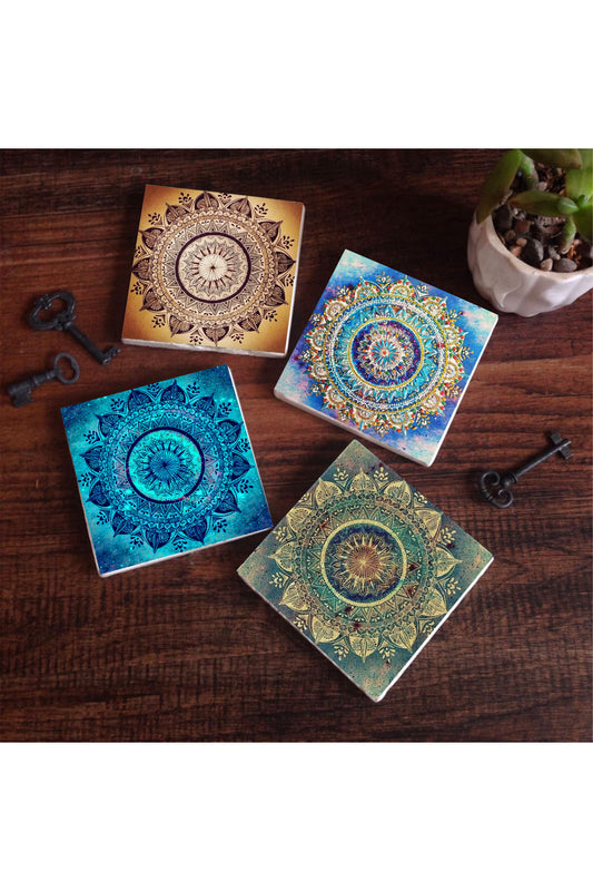 Pinecone Mandala Taş Bardak Altlığı Seti - 4 Parça - Dekoratif, Rustik Mutfak Aksesuarı, 10x10 cm, Kaydırmaz Tabanlı, Şık ve Dayanıklı SC230