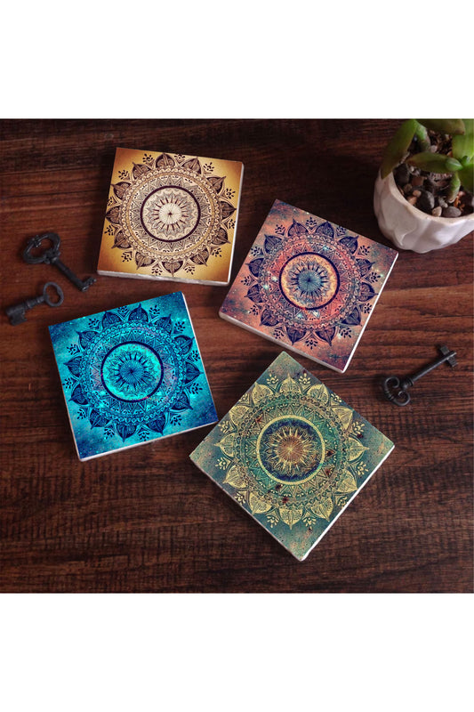 Pinecone Mandala, Hayat Ağacı Taş Bardak Altlığı Seti - 4 Parça - Dekoratif, Rustik Mutfak Aksesuarı, 10x10 cm, Kaydırmaz Tabanlı, Şık ve Dayanıklı SC231