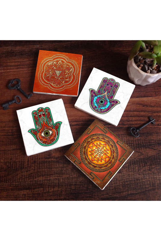 Pinecone Sri Yantra, Fatma Ana Eli (Hamsa) Taş Bardak Altlığı Seti - 4 Parça - Dekoratif, Rustik Mutfak Aksesuarı, 10x10 cm, Kaydırmaz Tabanlı, Şık ve Dayanıklı SC232