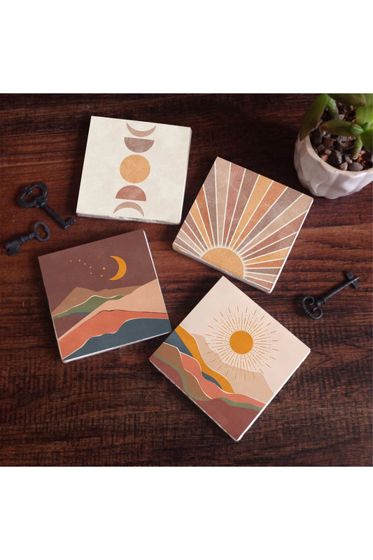Pinecone Bohem, Minimalist Soyut Taş Bardak Altlığı Seti - 4 Parça - Dekoratif, Rustik Mutfak Aksesuarı, 10x10 cm, Kaydırmaz Tabanlı, Şık ve Dayanıklı SC233