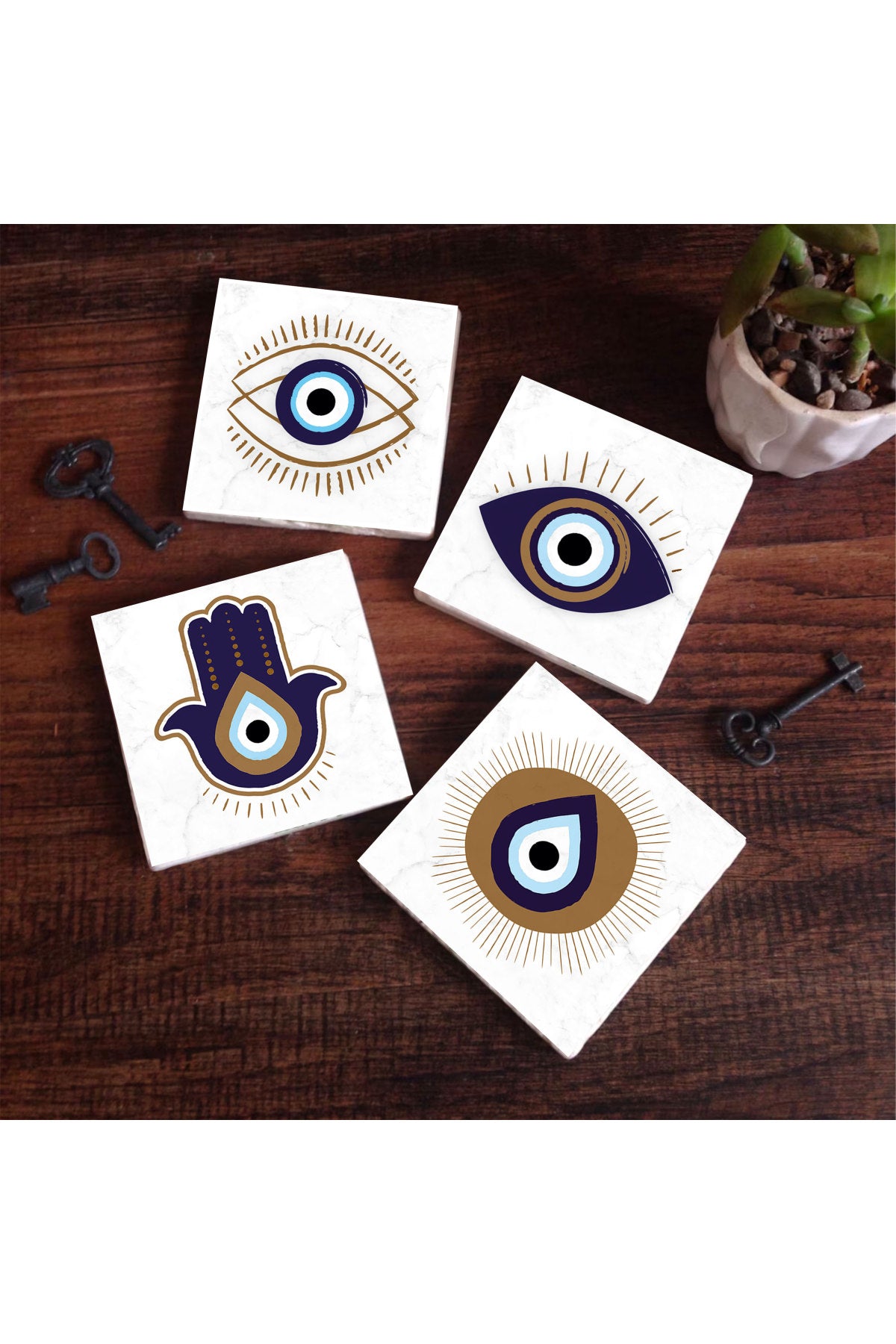 Pinecone Fatma Ana Eli (Hamsa), Nazar Taş Bardak Altlığı Seti - 4 Parça - Dekoratif, Rustik Mutfak Aksesuarı, 10x10 cm, Kaydırmaz Tabanlı, Şık ve Dayanıklı SC237