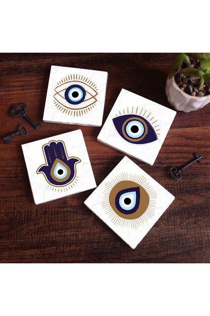 Pinecone Fatma Ana Eli (Hamsa), Nazar Taş Bardak Altlığı Seti - 4 Parça - Dekoratif, Rustik Mutfak Aksesuarı, 10x10 cm, Kaydırmaz Tabanlı, Şık ve Dayanıklı SC237