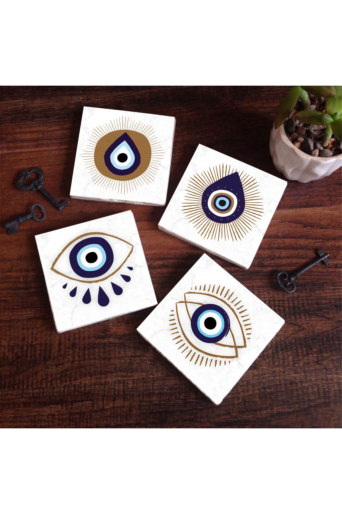 Pinecone Nazar Taş Bardak Altlığı Seti - 4 Parça - Dekoratif, Rustik Mutfak Aksesuarı, 10x10 cm, Kaydırmaz Tabanlı, Şık ve Dayanıklı SC240