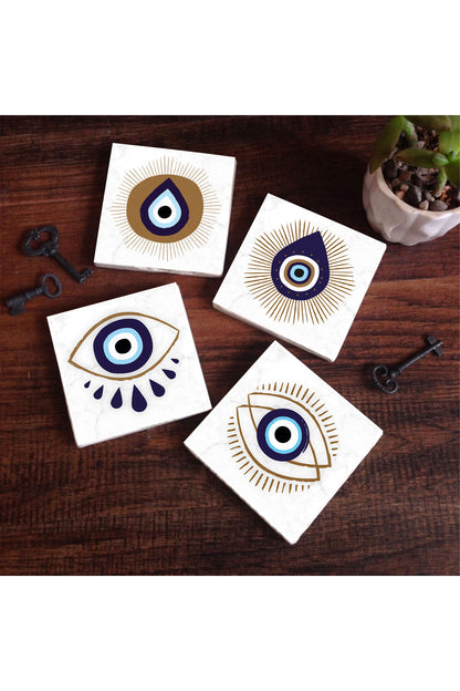 Pinecone Nazar Taş Bardak Altlığı Seti - 4 Parça - Dekoratif, Rustik Mutfak Aksesuarı, 10x10 cm, Kaydırmaz Tabanlı, Şık ve Dayanıklı SC240