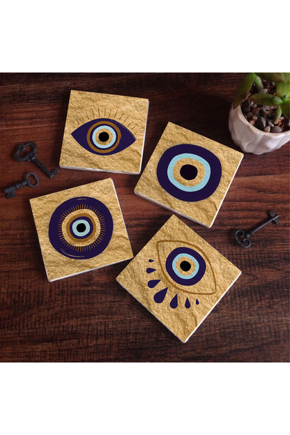 Pinecone Nazar Taş Bardak Altlığı Seti - 4 Parça - Dekoratif, Rustik Mutfak Aksesuarı, 10x10 cm, Kaydırmaz Tabanlı, Şık ve Dayanıklı SC241
