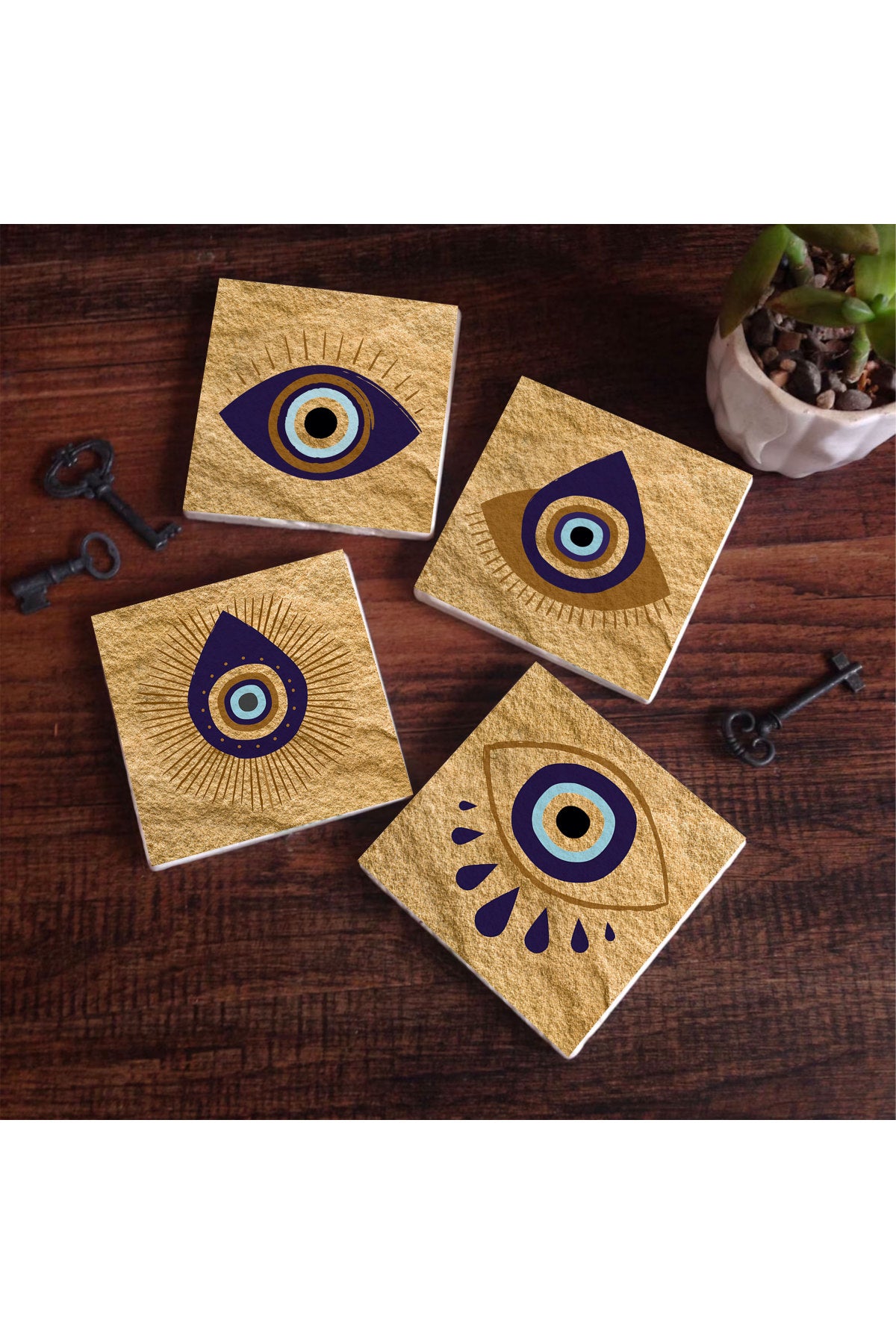 Pinecone Nazar Taş Bardak Altlığı Seti - 4 Parça - Dekoratif, Rustik Mutfak Aksesuarı, 10x10 cm, Kaydırmaz Tabanlı, Şık ve Dayanıklı SC242