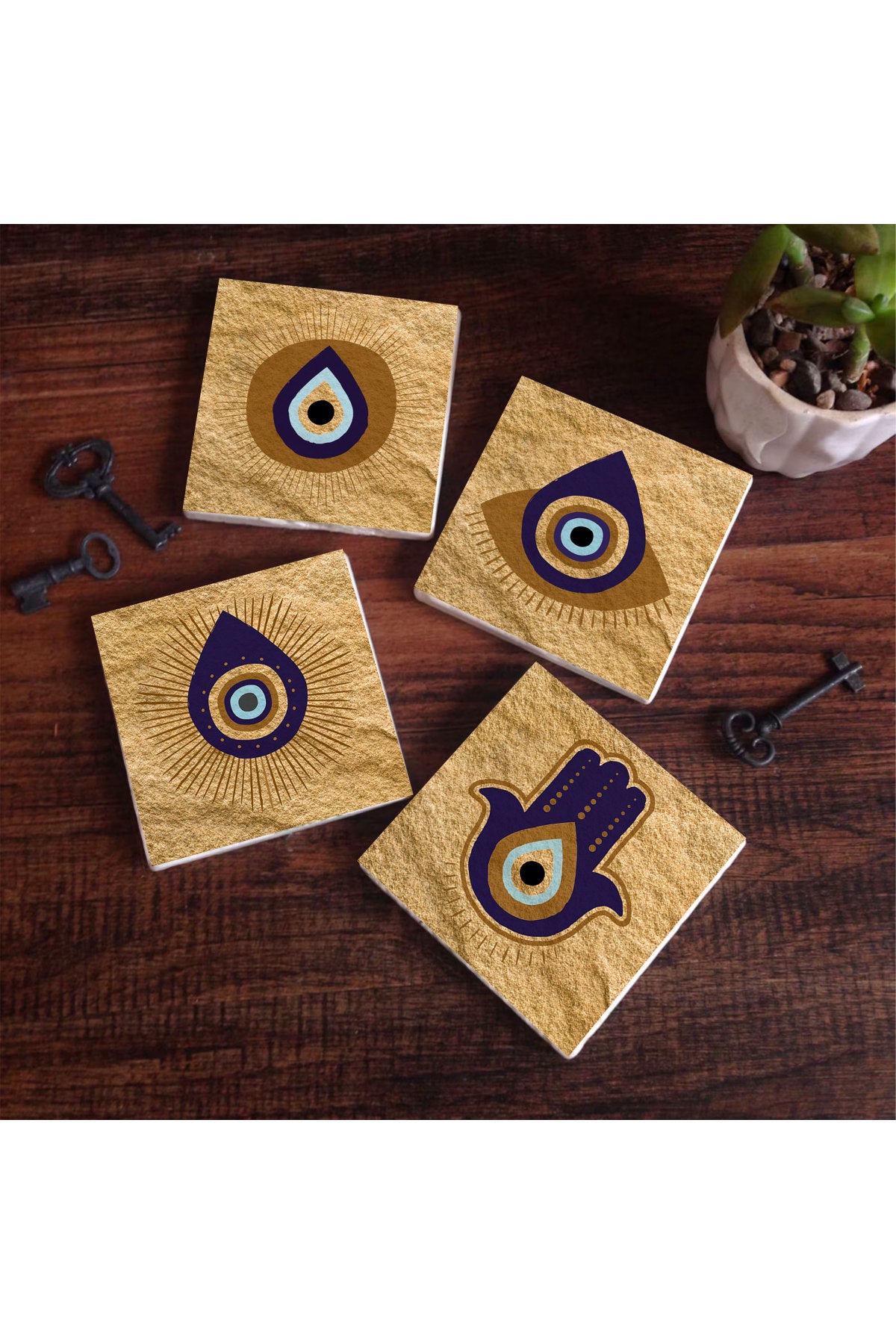 Pinecone Fatma Ana Eli (Hamsa), Nazar Taş Bardak Altlığı Seti - 4 Parça - Dekoratif, Rustik Mutfak Aksesuarı, 10x10 cm, Kaydırmaz Tabanlı, Şık ve Dayanıklı SC243
