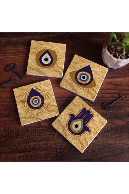 Pinecone Fatma Ana Eli (Hamsa), Nazar Taş Bardak Altlığı Seti - 4 Parça - Dekoratif, Rustik Mutfak Aksesuarı, 10x10 cm, Kaydırmaz Tabanlı, Şık ve Dayanıklı SC243