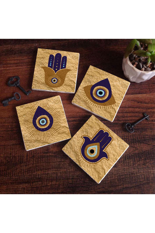 Pinecone Fatma Ana Eli (Hamsa), Nazar Taş Bardak Altlığı Seti - 4 Parça - Dekoratif, Rustik Mutfak Aksesuarı, 10x10 cm, Kaydırmaz Tabanlı, Şık ve Dayanıklı SC244