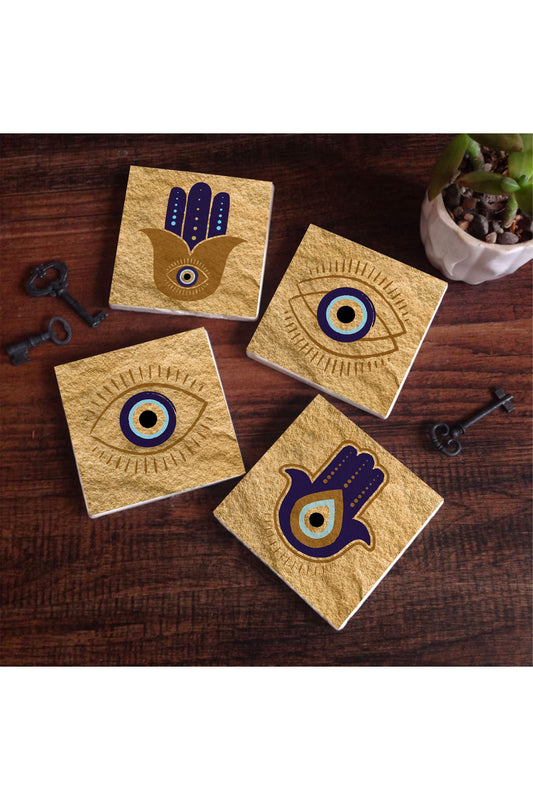 Pinecone Fatma Ana Eli (Hamsa), Nazar Taş Bardak Altlığı Seti - 4 Parça - Dekoratif, Rustik Mutfak Aksesuarı, 10x10 cm, Kaydırmaz Tabanlı, Şık ve Dayanıklı SC245