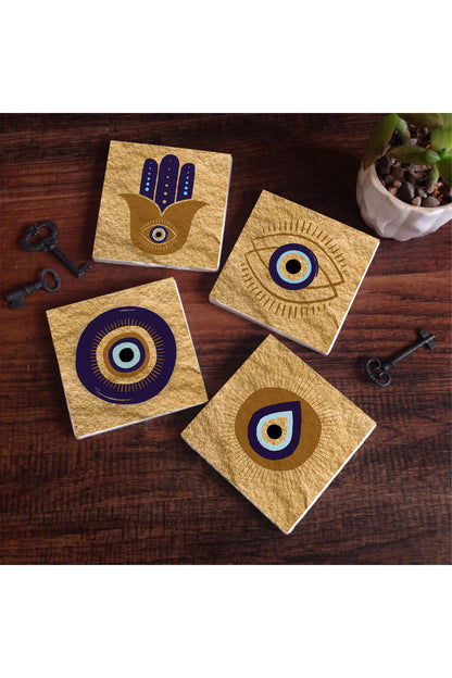 Pinecone Fatma Ana Eli (Hamsa), Nazar Taş Bardak Altlığı Seti - 4 Parça - Dekoratif, Rustik Mutfak Aksesuarı, 10x10 cm, Kaydırmaz Tabanlı, Şık ve Dayanıklı SC246