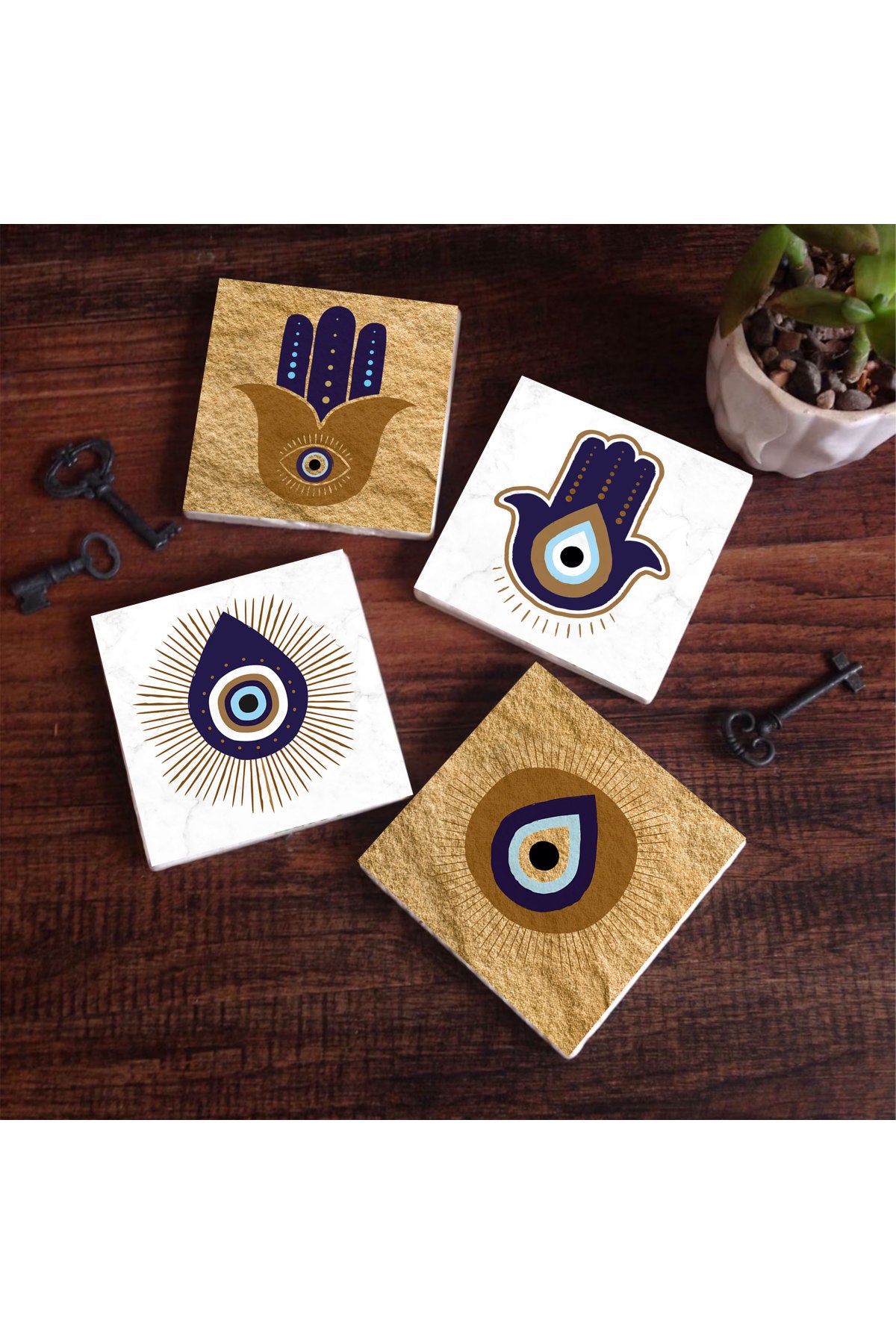 Pinecone Fatma Ana Eli (Hamsa), Nazar Taş Bardak Altlığı Seti - 4 Parça - Dekoratif, Rustik Mutfak Aksesuarı, 10x10 cm, Kaydırmaz Tabanlı, Şık ve Dayanıklı SC247