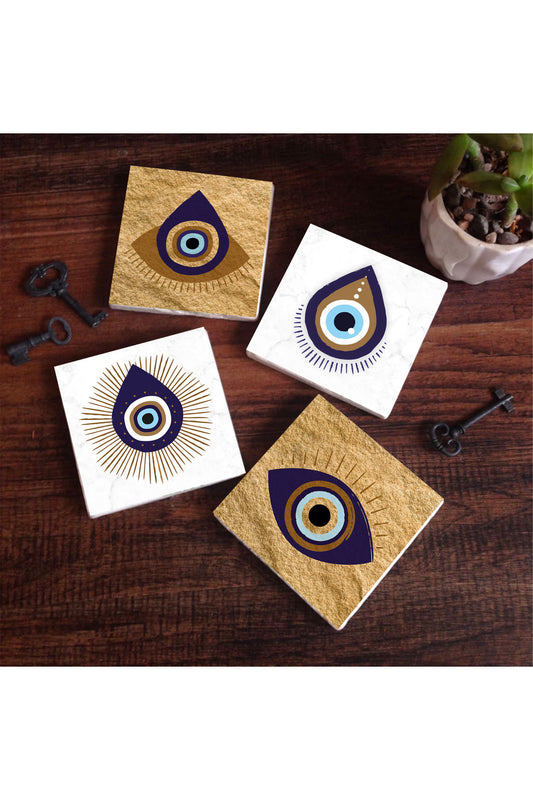 Pinecone Nazar Taş Bardak Altlığı Seti - 4 Parça - Dekoratif, Rustik Mutfak Aksesuarı, 10x10 cm, Kaydırmaz Tabanlı, Şık ve Dayanıklı SC248