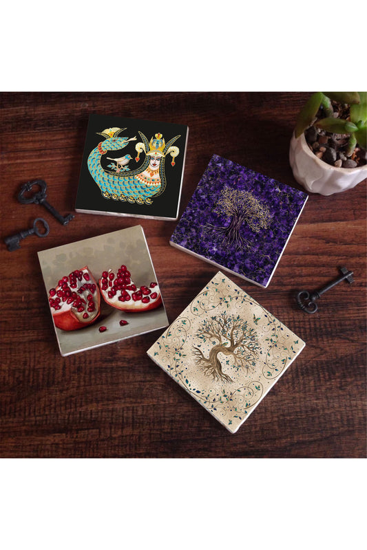 Pinecone Şahmeran, Hayat Ağacı, Nar Taş Bardak Altlığı Seti - 4 Parça - Dekoratif, Rustik Mutfak Aksesuarı, 10x10 cm, Kaydırmaz Tabanlı, Şık ve Dayanıklı SC254