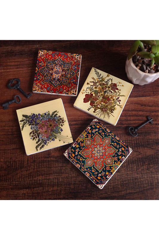 Pinecone Desen, Vintage Çiçek Taş Bardak Altlığı Seti - 4 Parça - Dekoratif, Rustik Mutfak Aksesuarı, 10x10 cm, Kaydırmaz Tabanlı, Şık ve Dayanıklı SC264