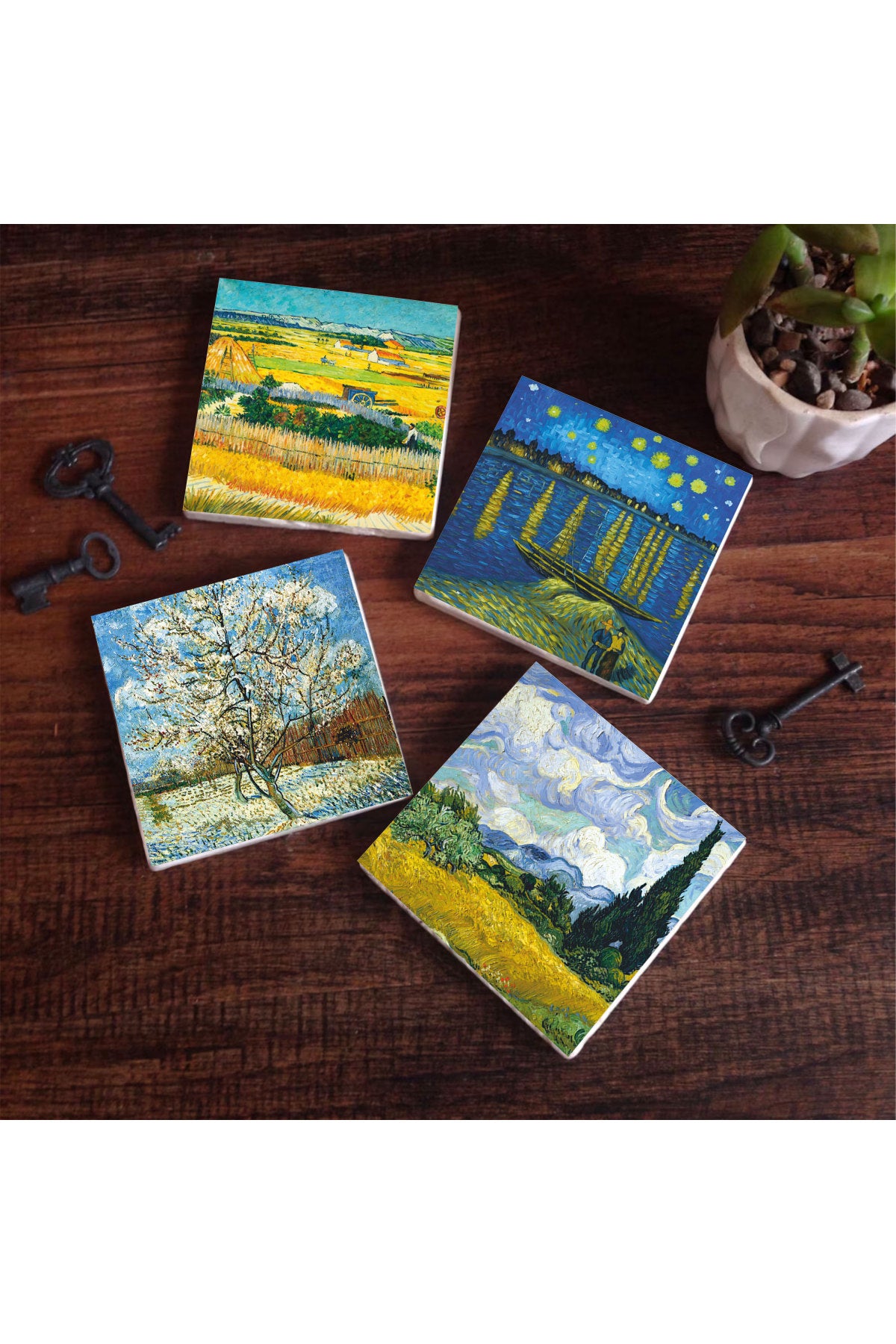 Pinecone Van Gogh Buğday Tarlası, Şeftali Ağacı, Hasat Manzarası, Ren Nehri’nde Bir Gece Taş Bardak Altlığı Seti - 4 Parça - Dekoratif, Rustik Mutfak Aksesuarı, 10x10 cm, Kaydırmaz TabanlıSC267