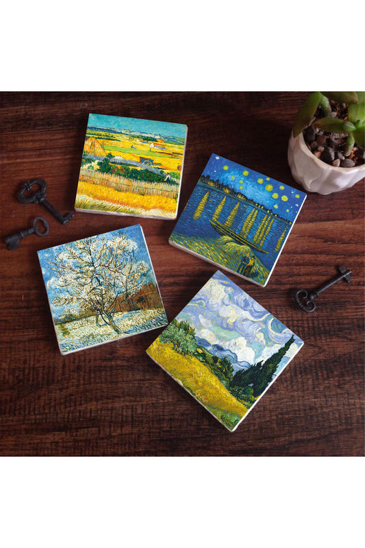 Pinecone Van Gogh Buğday Tarlası, Şeftali Ağacı, Hasat Manzarası, Ren Nehri’nde Bir Gece Taş Bardak Altlığı Seti - 4 Parça - Dekoratif, Rustik Mutfak Aksesuarı, 10x10 cm, Kaydırmaz TabanlıSC267