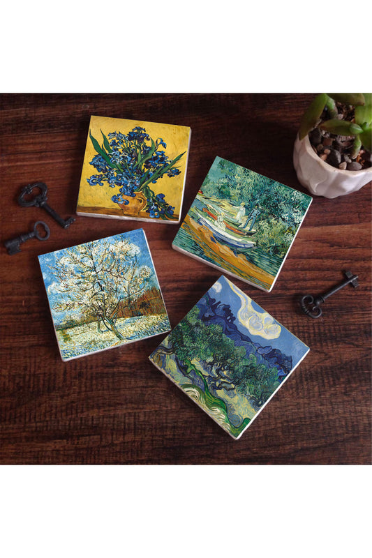 Pinecone Van Gogh Zeytin Ağaçları, Şeftali Ağacı, Süsenler, Oise Bankası Taş Bardak Altlığı Seti - 4 Parça - Dekoratif, Rustik Mutfak Aksesuarı, 10x10 cm, Kaydırmaz Tabanlı, Şık ve Dayanıklı SC269