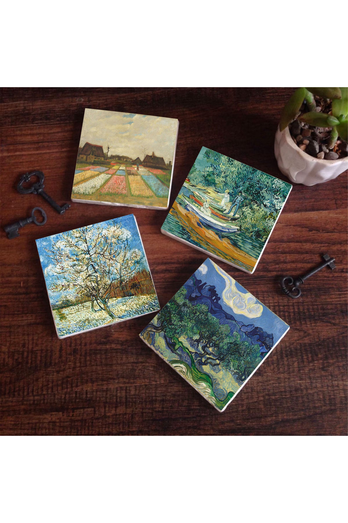 Pinecone Van Gogh Zeytin Ağaçları, Şeftali Ağacı, Lale Tarlaları, Oise Bankası Taş Bardak Altlığı Seti - 4 Parça - Dekoratif, Rustik Mutfak Aksesuarı, 10x10 cm, Kaydırmaz TabanlıSC270