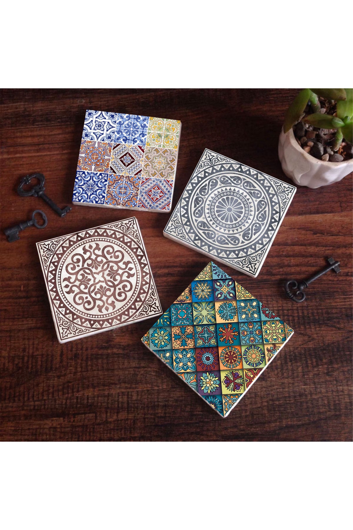 Pinecone Etnik Desen Taş Bardak Altlığı Seti - 4 Parça - Dekoratif, Rustik Mutfak Aksesuarı, 10x10 cm, Kaydırmaz Tabanlı, Şık ve Dayanıklı SC276