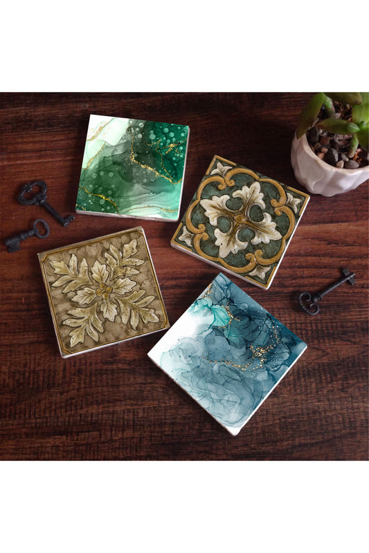Pinecone Soyut Sanat, Desen Taş Bardak Altlığı Seti - 4 Parça - Dekoratif, Rustik Mutfak Aksesuarı, 10x10 cm, Kaydırmaz Tabanlı, Şık ve Dayanıklı SC282