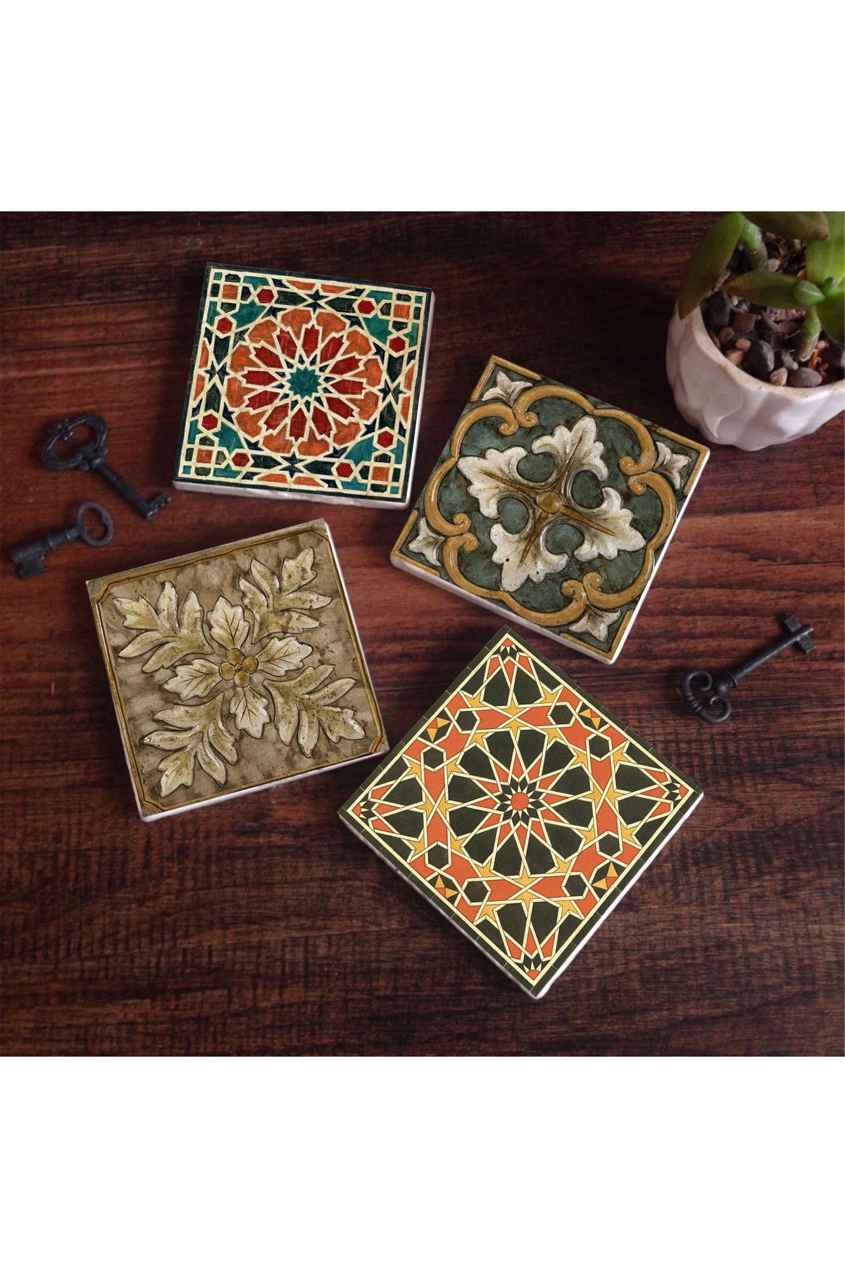 Pinecone Etnik Desen Taş Bardak Altlığı Seti - 4 Parça - Dekoratif, Rustik Mutfak Aksesuarı, 10x10 cm, Kaydırmaz Tabanlı, Şık ve Dayanıklı SC283