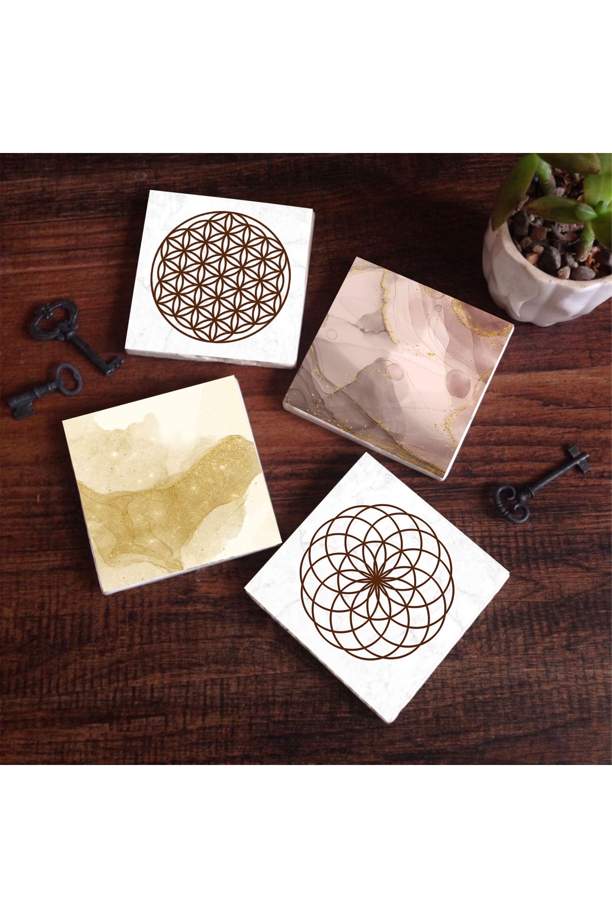 Pinecone Yaşam Çiçeği, Soyut Sanat Taş Bardak Altlığı Seti - 4 Parça - Dekoratif, Rustik Mutfak Aksesuarı, 10x10 cm, Kaydırmaz Tabanlı, Şık ve Dayanıklı SC284