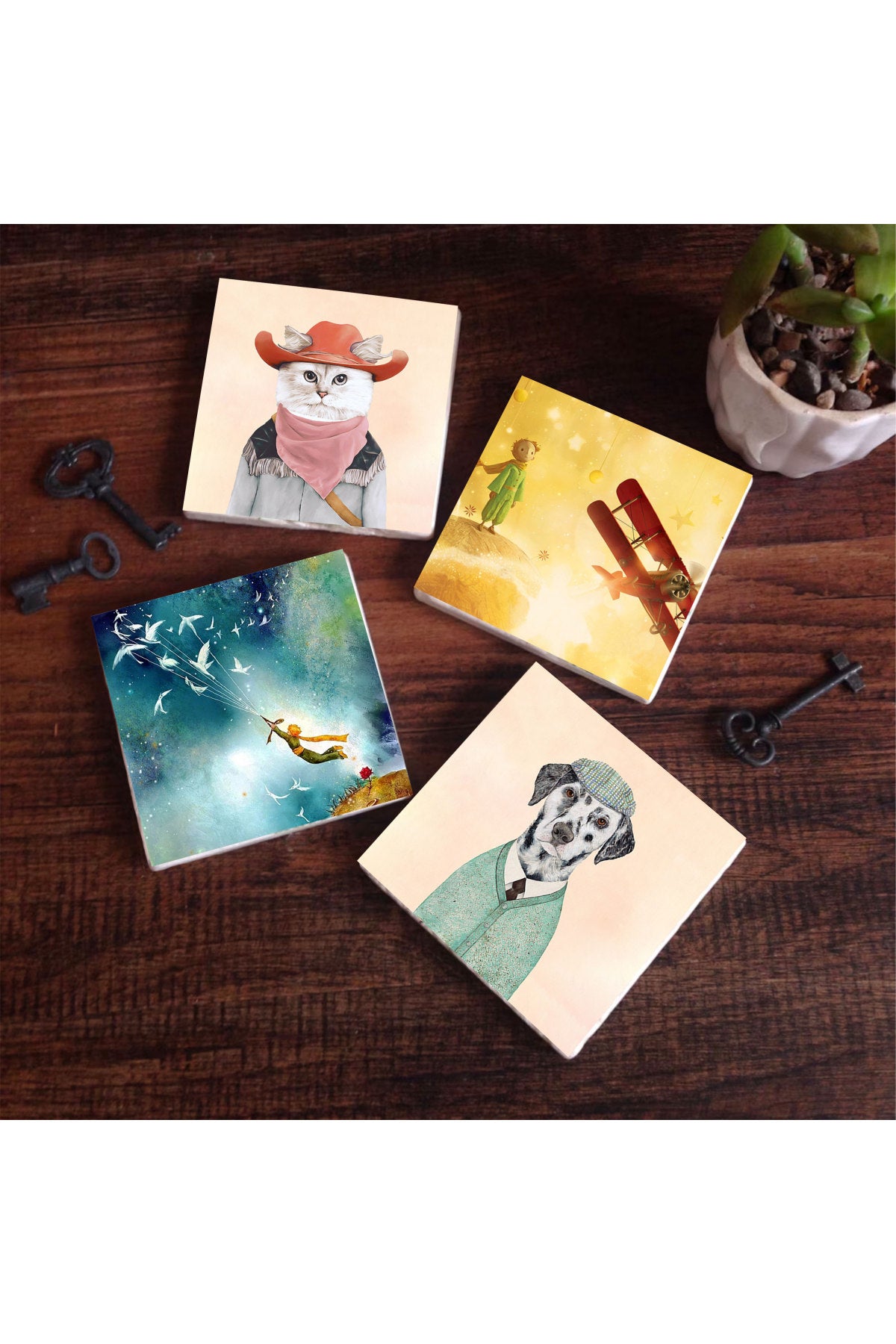Pinecone Küçük Prens, Köpek, Kedi Taş Bardak Altlığı Seti - 4 Parça - Dekoratif, Rustik Mutfak Aksesuarı, 10x10 cm, Kaydırmaz Tabanlı, Şık ve Dayanıklı SC288