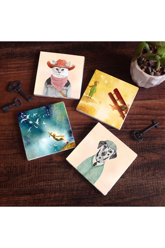 Pinecone Küçük Prens, Köpek, Kedi Taş Bardak Altlığı Seti - 4 Parça - Dekoratif, Rustik Mutfak Aksesuarı, 10x10 cm, Kaydırmaz Tabanlı, Şık ve Dayanıklı SC288