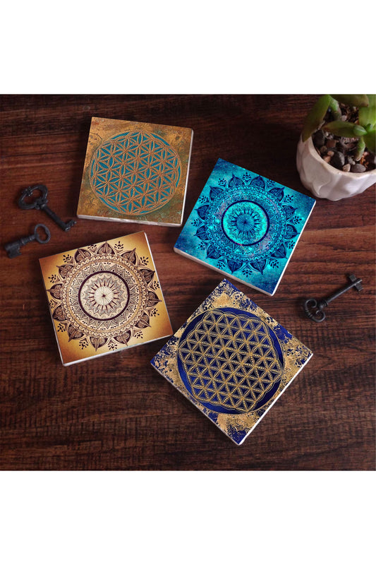 Pinecone Mandala, Yaşam Çiçeği Taş Bardak Altlığı Seti - 4 Parça - Dekoratif, Rustik Mutfak Aksesuarı, 10x10 cm, Kaydırmaz Tabanlı, Şık ve Dayanıklı SC289