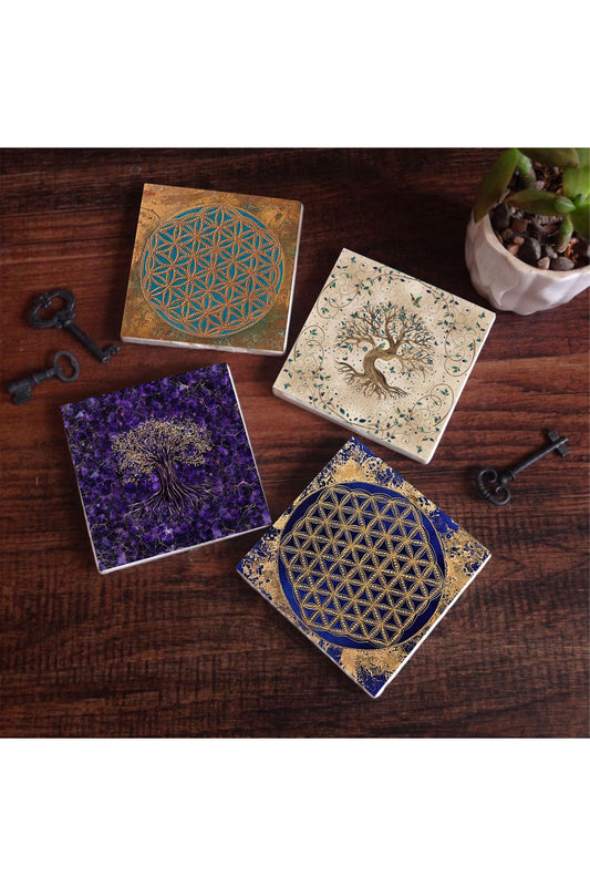 Pinecone Yaşam Çiçeği, Hayat Ağacı Taş Bardak Altlığı Seti - 4 Parça - Dekoratif, Rustik Mutfak Aksesuarı, 10x10 cm, Kaydırmaz Tabanlı, Şık ve Dayanıklı SC290
