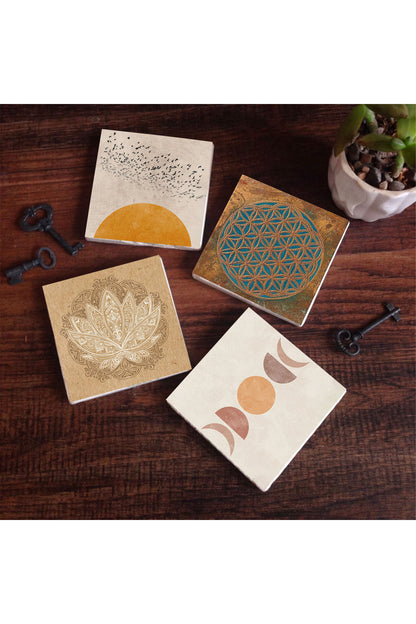 Pinecone Minimalist, Yaşam Çiçeği, Soyut, Lotus Çiçeği Taş Bardak Altlığı Seti - 4 Parça - Dekoratif, Rustik Mutfak Aksesuarı, 10x10 cm, Kaydırmaz Tabanlı, Şık ve Dayanıklı SC293