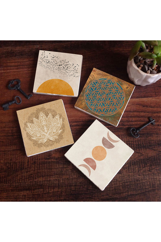 Pinecone Minimalist, Yaşam Çiçeği, Soyut, Lotus Çiçeği Taş Bardak Altlığı Seti - 4 Parça - Dekoratif, Rustik Mutfak Aksesuarı, 10x10 cm, Kaydırmaz Tabanlı, Şık ve Dayanıklı SC293