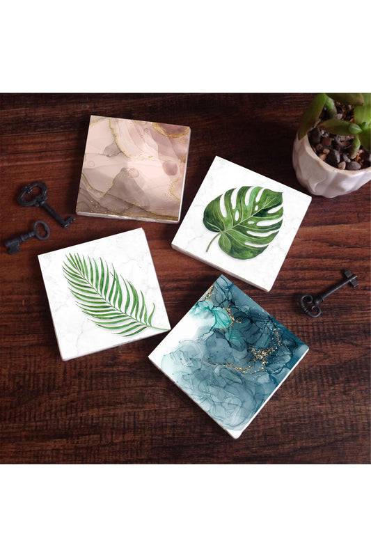 Pinecone Yaprak, Soyut Sanat Taş Bardak Altlığı Seti - 4 Parça - Dekoratif, Rustik Mutfak Aksesuarı, 10x10 cm, Kaydırmaz Tabanlı, Şık ve Dayanıklı SC295