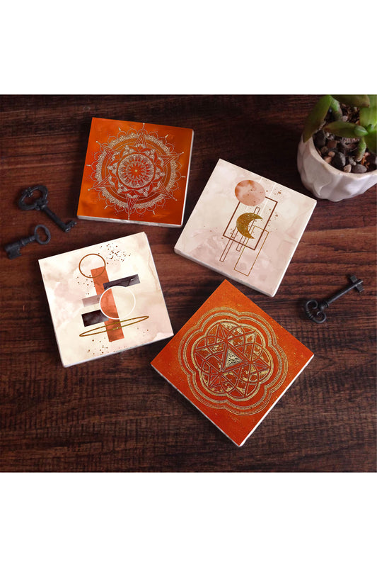 Pinecone Minimalist Soyut, Sri Yantra, Mandala Taş Bardak Altlığı Seti - 4 Parça - Dekoratif, Rustik Mutfak Aksesuarı, 10x10 cm, Kaydırmaz Tabanlı, Şık ve Dayanıklı SC299