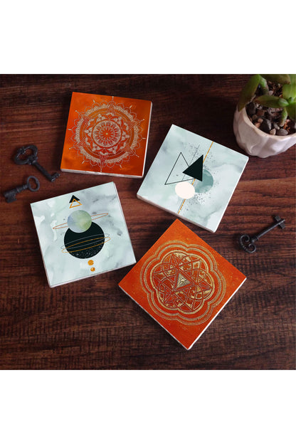Pinecone Minimalist Soyut, Sri Yantra, Mandala Taş Bardak Altlığı Seti - 4 Parça - Dekoratif, Rustik Mutfak Aksesuarı, 10x10 cm, Kaydırmaz Tabanlı, Şık ve Dayanıklı SC300