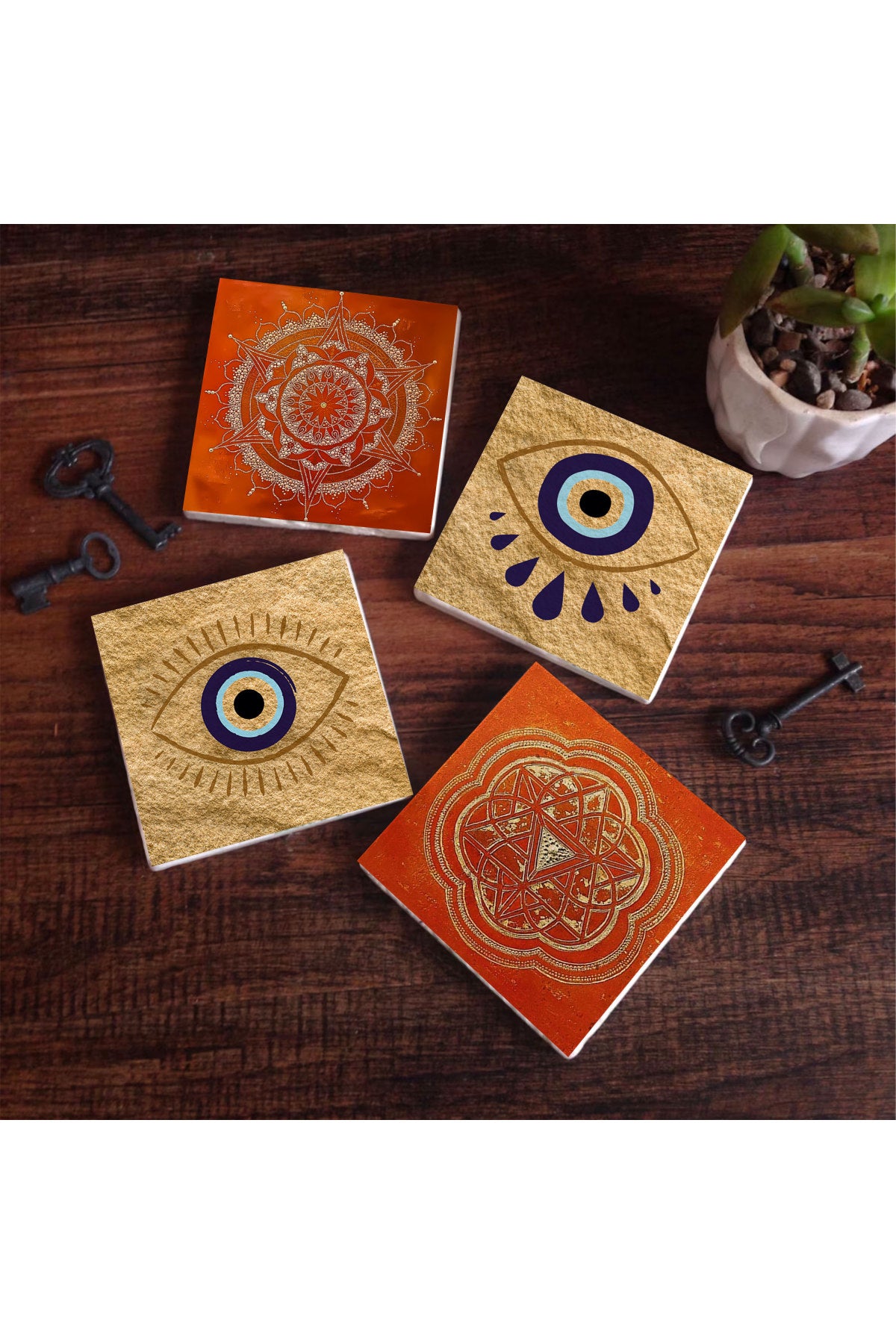 Pinecone Nazar, Sri Yantra, Mandala Taş Bardak Altlığı Seti - 4 Parça - Dekoratif, Rustik Mutfak Aksesuarı, 10x10 cm, Kaydırmaz Tabanlı, Şık ve Dayanıklı SC301