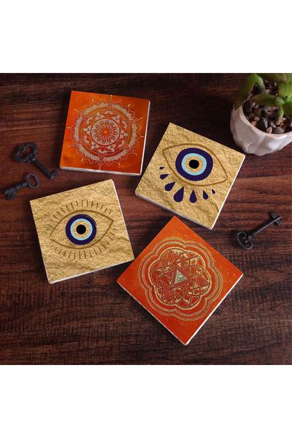 Pinecone Nazar, Sri Yantra, Mandala Taş Bardak Altlığı Seti - 4 Parça - Dekoratif, Rustik Mutfak Aksesuarı, 10x10 cm, Kaydırmaz Tabanlı, Şık ve Dayanıklı SC301