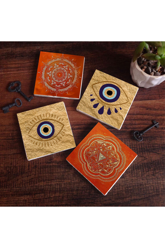 Pinecone Nazar, Sri Yantra, Mandala Taş Bardak Altlığı Seti - 4 Parça - Dekoratif, Rustik Mutfak Aksesuarı, 10x10 cm, Kaydırmaz Tabanlı, Şık ve Dayanıklı SC301