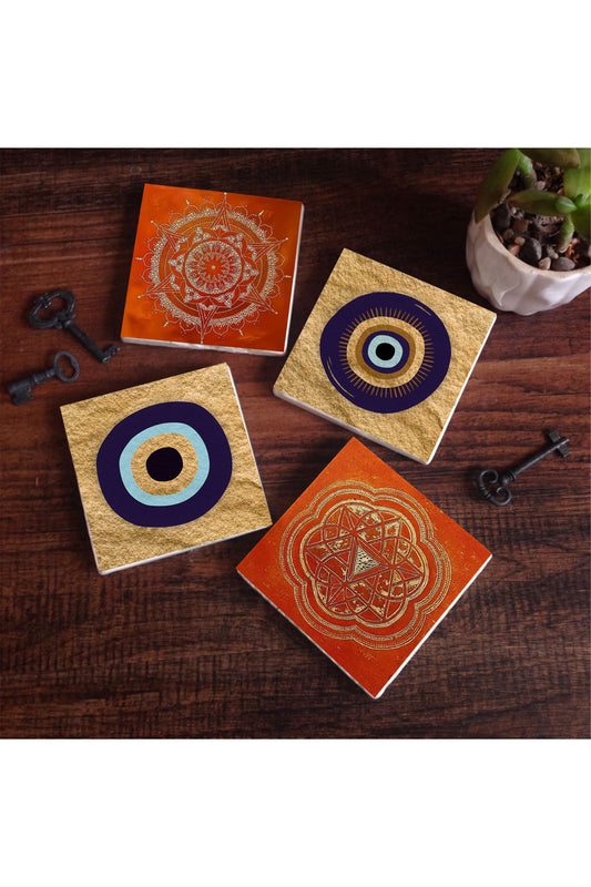 Pinecone Nazar, Sri Yantra, Mandala Taş Bardak Altlığı Seti - 4 Parça - Dekoratif, Rustik Mutfak Aksesuarı, 10x10 cm, Kaydırmaz Tabanlı, Şık ve Dayanıklı SC302