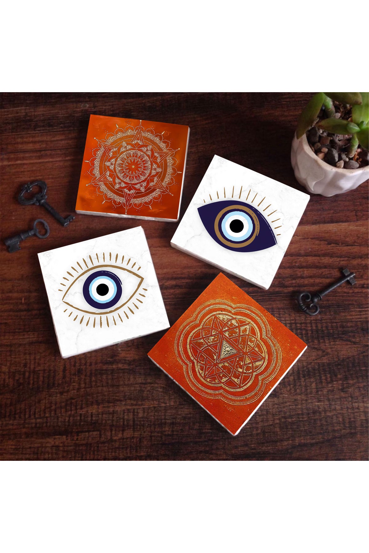 Pinecone Nazar, Sri Yantra, Mandala Taş Bardak Altlığı Seti - 4 Parça - Dekoratif, Rustik Mutfak Aksesuarı, 10x10 cm, Kaydırmaz Tabanlı, Şık ve Dayanıklı SC303