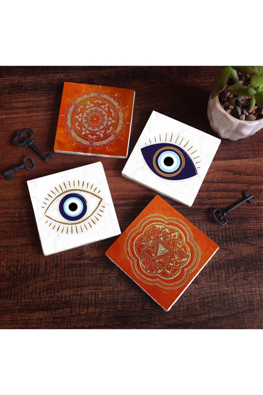 Pinecone Nazar, Sri Yantra, Mandala Taş Bardak Altlığı Seti - 4 Parça - Dekoratif, Rustik Mutfak Aksesuarı, 10x10 cm, Kaydırmaz Tabanlı, Şık ve Dayanıklı SC303