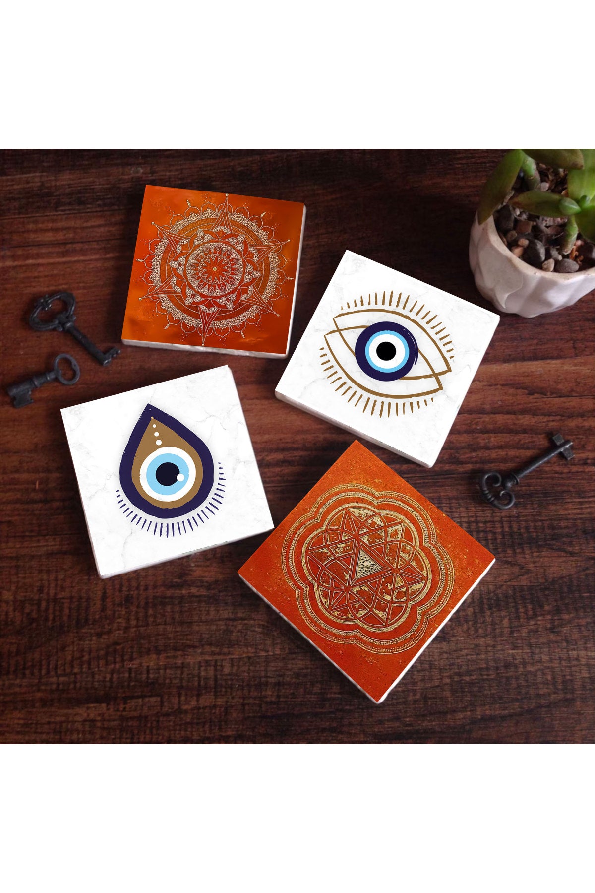 Pinecone Nazar, Sri Yantra, Mandala Taş Bardak Altlığı Seti - 4 Parça - Dekoratif, Rustik Mutfak Aksesuarı, 10x10 cm, Kaydırmaz Tabanlı, Şık ve Dayanıklı SC304