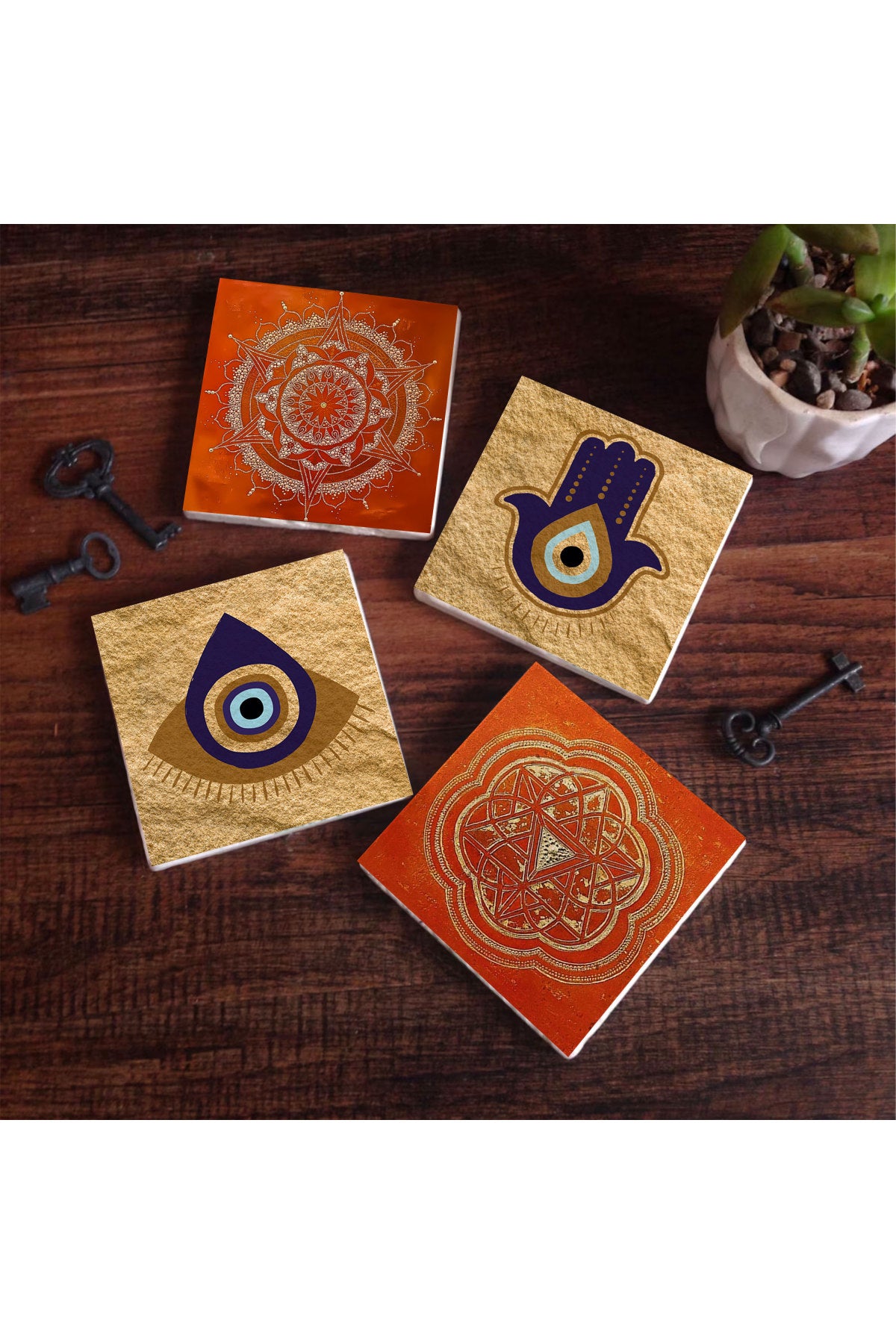 Pinecone Fatma Ana Eli (Hamsa), Nazar, Sri Yantra, Mandala Taş Bardak Altlığı Seti - 4 Parça - Dekoratif, Rustik Mutfak Aksesuarı, 10x10 cm, Kaydırmaz Tabanlı, Şık ve Dayanıklı SC305