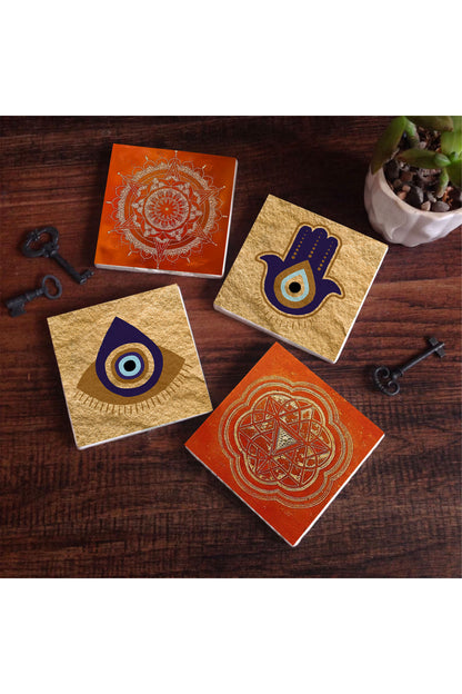Pinecone Fatma Ana Eli (Hamsa), Nazar, Sri Yantra, Mandala Taş Bardak Altlığı Seti - 4 Parça - Dekoratif, Rustik Mutfak Aksesuarı, 10x10 cm, Kaydırmaz Tabanlı, Şık ve Dayanıklı SC305