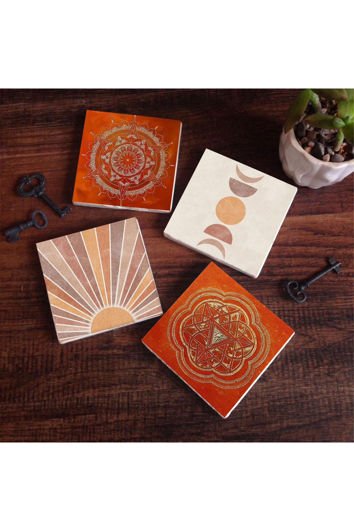 Pinecone Minimalist Soyut, Sri Yantra, Mandala Taş Bardak Altlığı Seti - 4 Parça - Dekoratif, Rustik Mutfak Aksesuarı, 10x10 cm, Kaydırmaz Tabanlı, Şık ve Dayanıklı SC306