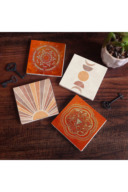 Pinecone Minimalist Soyut, Sri Yantra, Mandala Taş Bardak Altlığı Seti - 4 Parça - Dekoratif, Rustik Mutfak Aksesuarı, 10x10 cm, Kaydırmaz Tabanlı, Şık ve Dayanıklı SC306
